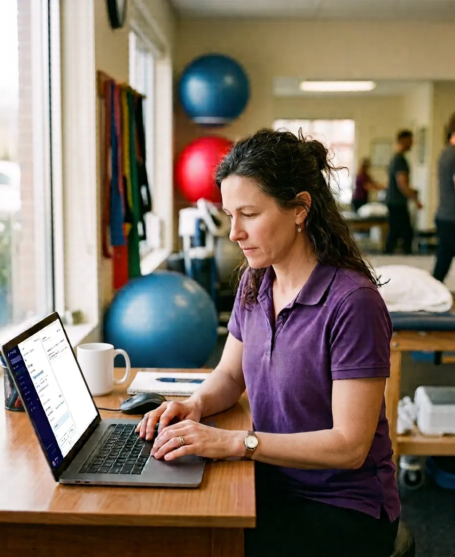 physical therapist in a purple shirt working on her laptop with the Stride EMR open in the browser