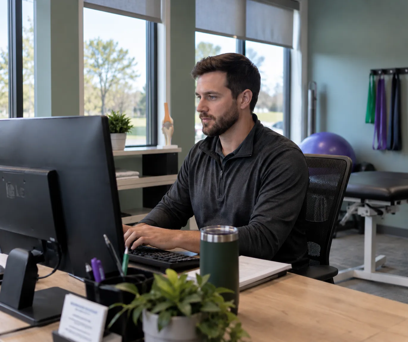 Physical therapist typing at a computer in a bright clinic, with exercise bands and a stability ball behind him