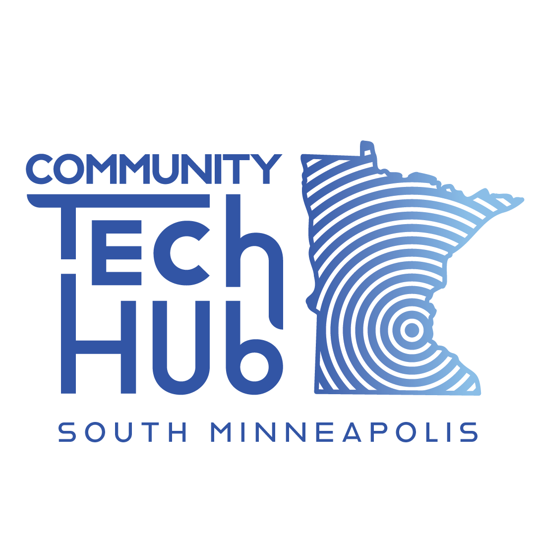 Logo for Community Tech Hub South Minneapolis with a stylized map of Minnesota featuring concentric circles.