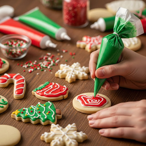 Hands decorating round sugar cookie with red icing using a green piping bag on a wooden table with other decorated Christmas cookies and sprinkles.