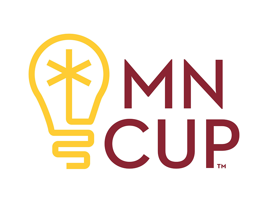 Yellow light bulb icon next to maroon text MN CUP on white background.