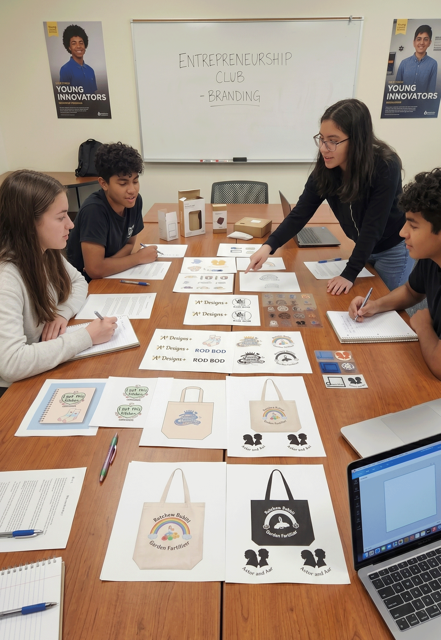 Four students collaborate around a table with branding design prints for tote bags and logos.