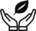 Two hands cupping a leaf, symbolizing care for nature or eco-friendliness.