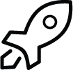 Black simple rocket icon with a round window and fins on a white background.