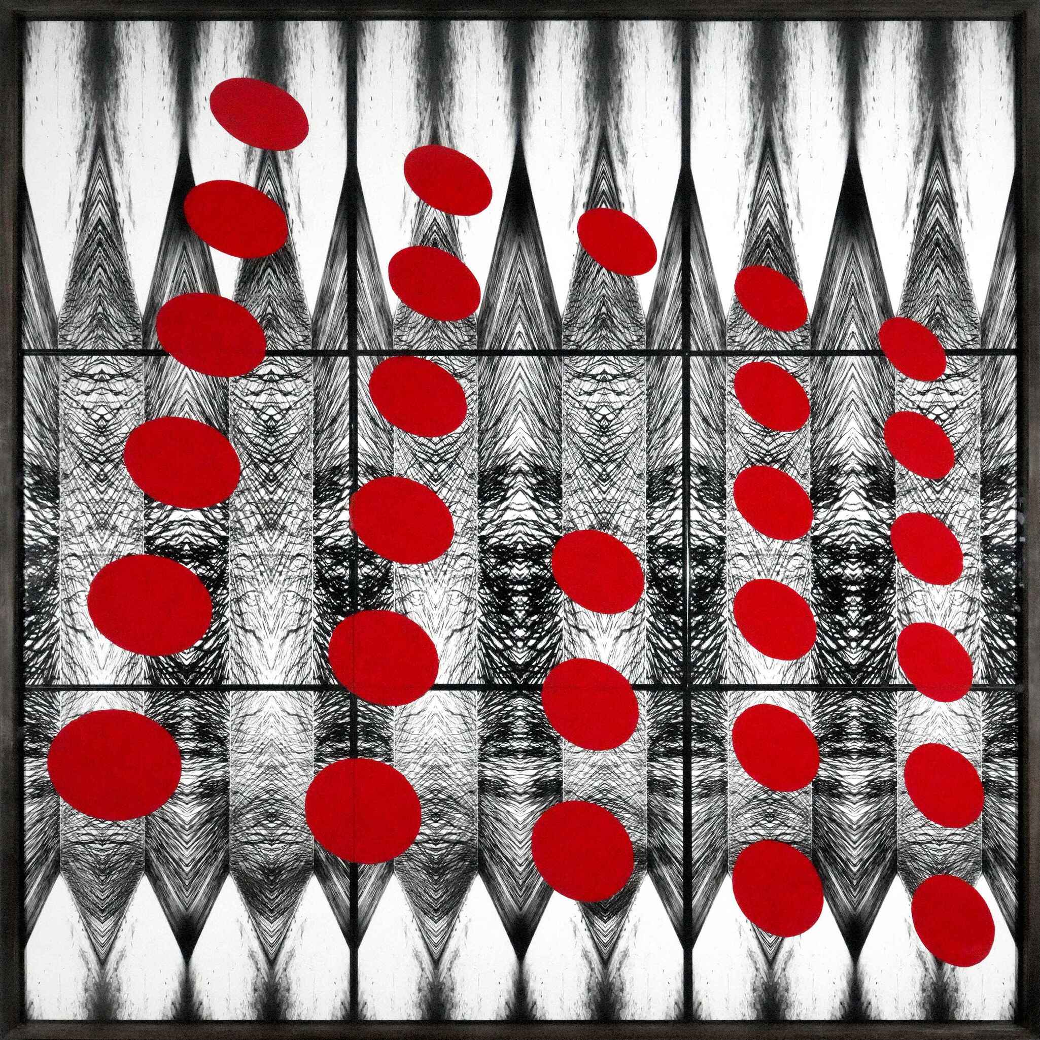 nine silver gelatin prints with red gloss paint, montage, 150 x 120 cm 