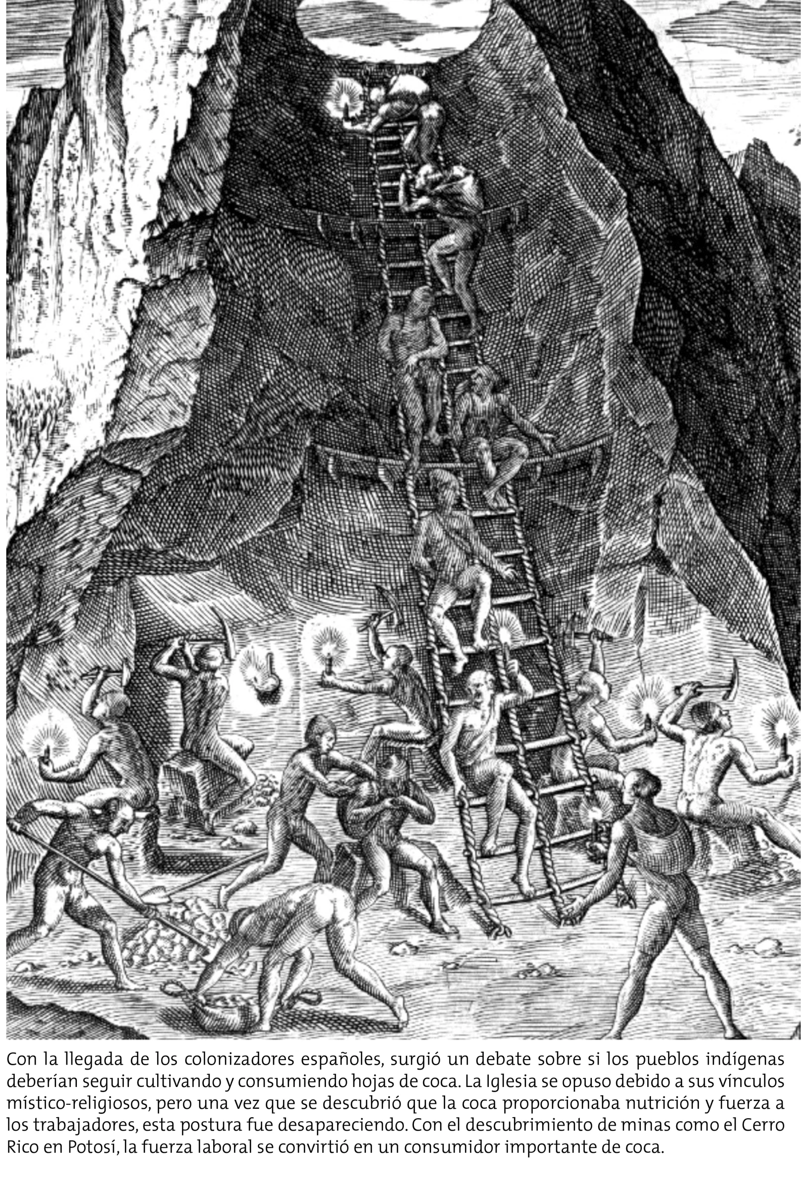 Theodore de Bry (1528-1598). ‘Gold mine in Potosi, New Spain (Today Bolivia)’ (1590). Engraving. In Mama Coca (2025) by Nadège Mazars.