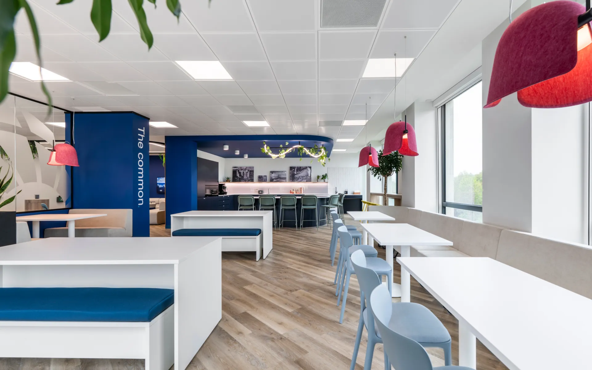 Open-plan workspace with blue and white colour scheme, soft seating, and collaborative zones.