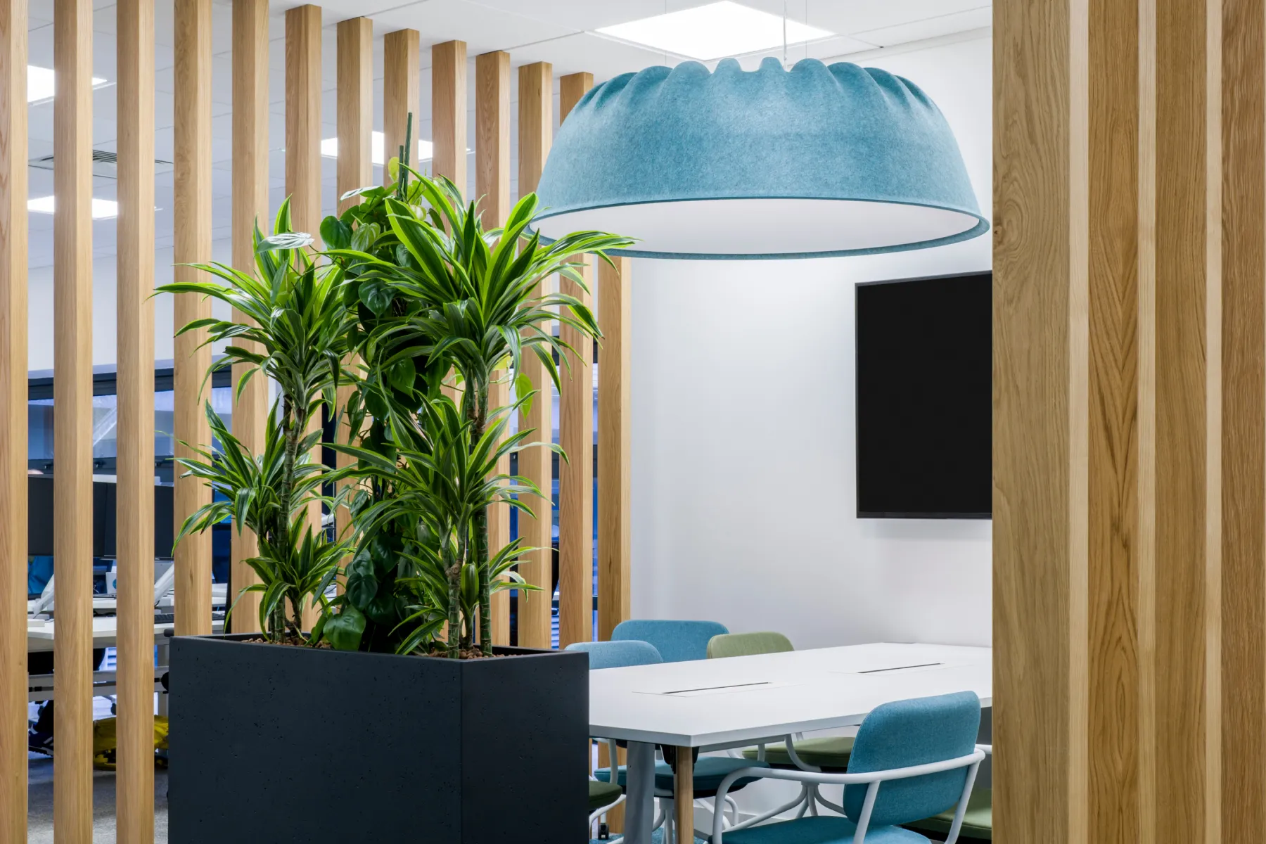 Informal meeting space with a large overhead teal acoustic pendant, wooden slatted partition, and vibrant planting, offering a relaxed collaboration zone.