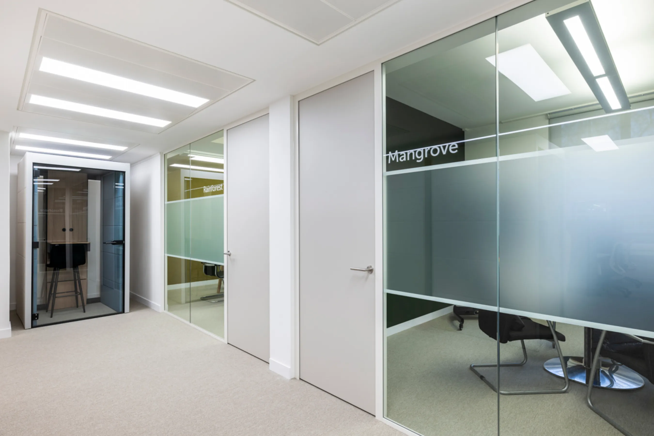 Bright office corridor with glass meeting rooms and white interior finishes.
