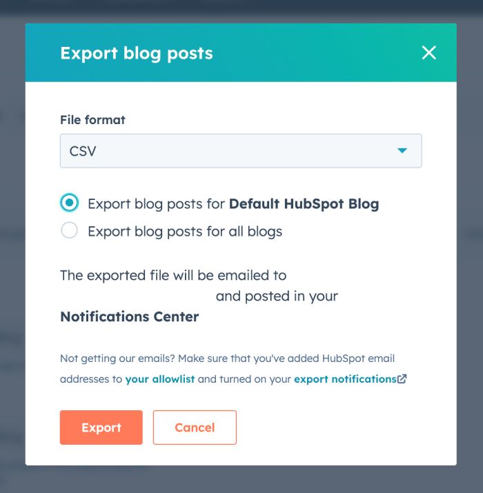 HubSpot to WordPress migration pop window to export blogs