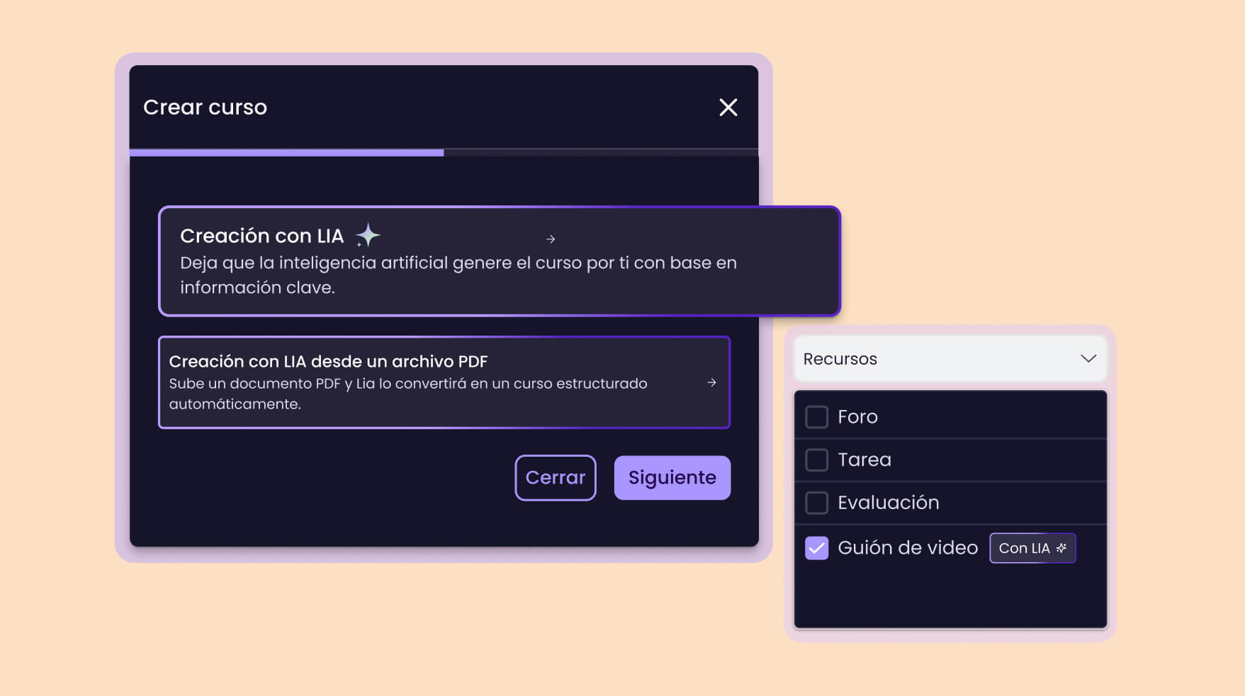 Crea un curso desde cero en minutos con LIA, nuestra asistente de inteligencia artificial. 