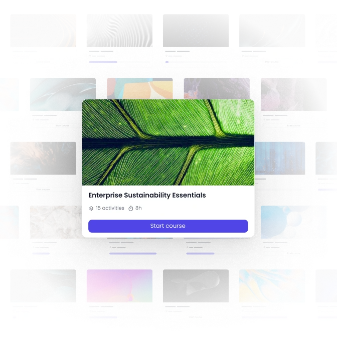 A course library view showing multiple professional development courses displayed as cards, with one featured course titled “Enterprise Sustainability Essentials,” including progress indicators, duration, and a start course button.