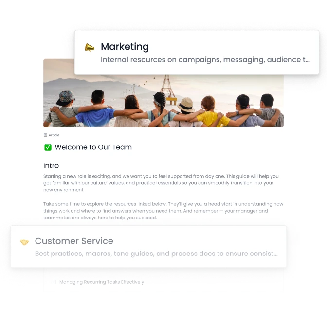 A knowledge hub interface with categorized internal resources, including sections like Marketing and Customer Service, displaying articles, guides, and best practices for continuous learning and reference.