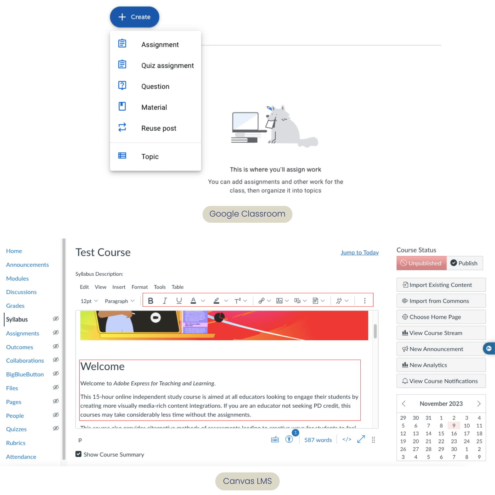 Canvas LMS vs Google Classroom content options