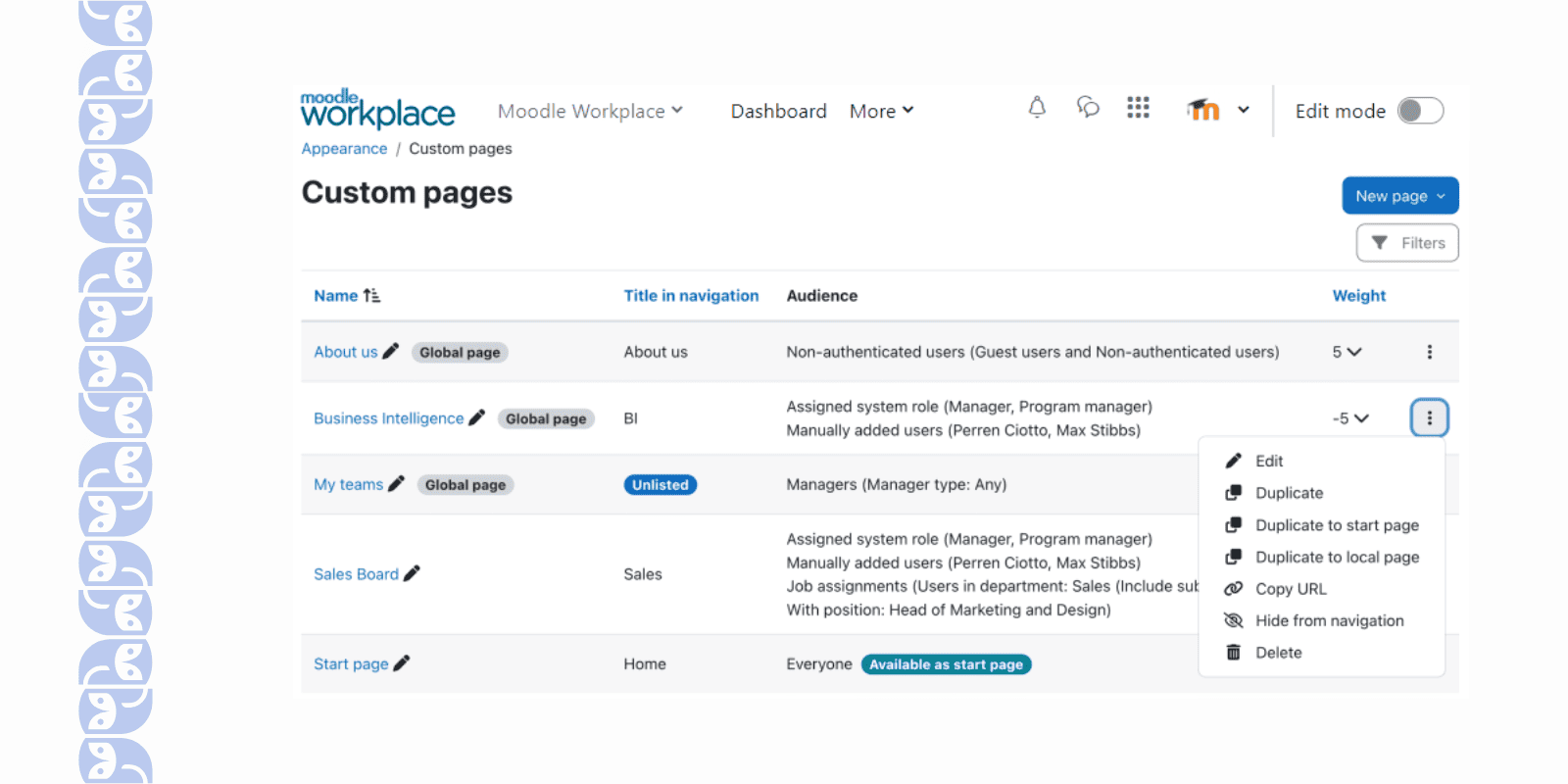 Moodle Custom Pages