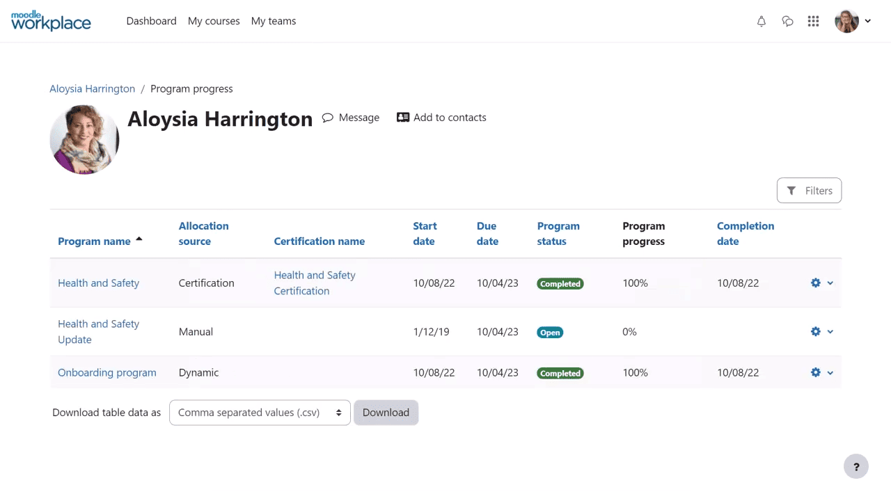 Moodle track compliance