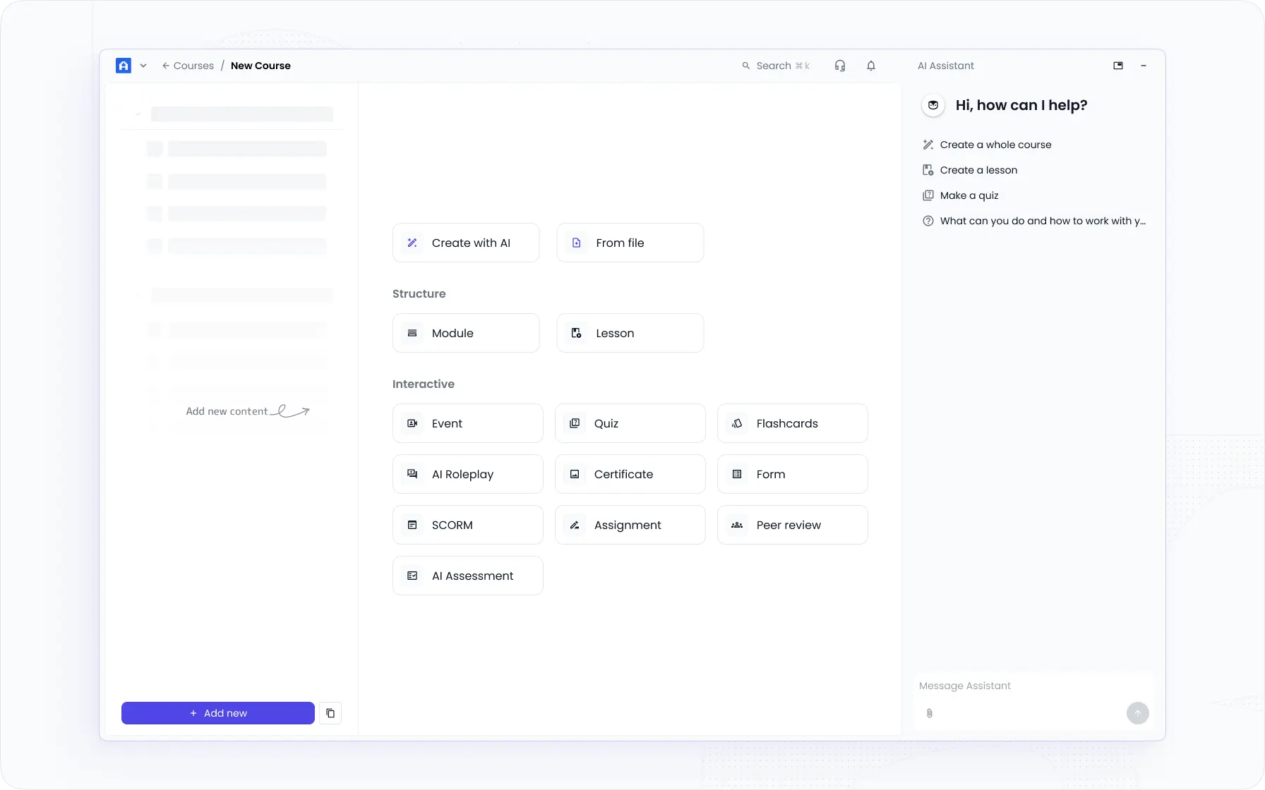 EducateMe AI course builder with AI Assistant and interactive activity blocks including AI Roleplay