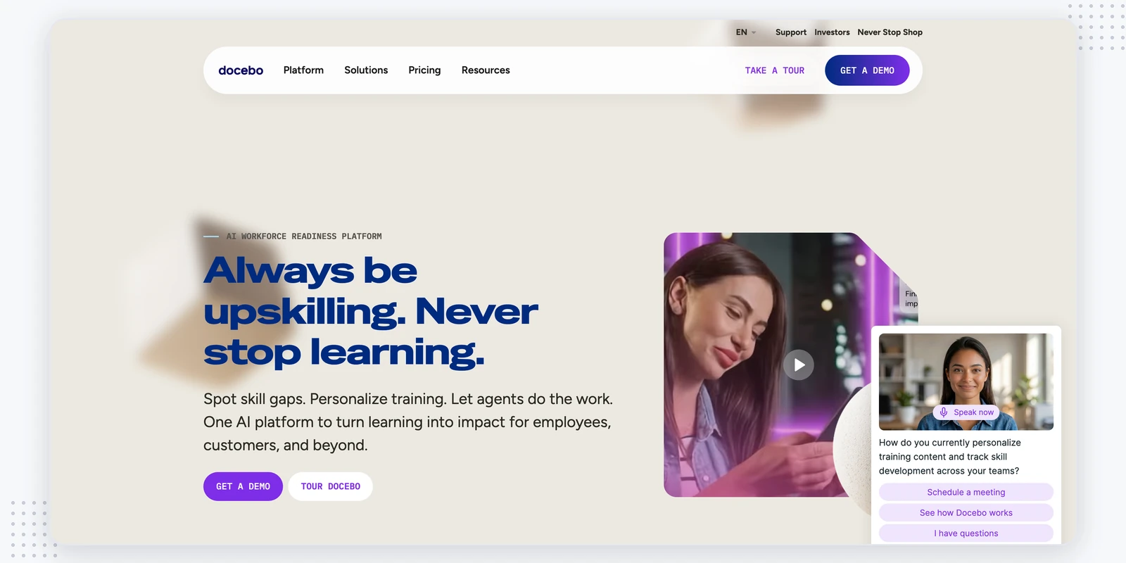 Docebo homepage — enterprise AI learning platform, a Uplimit alternative