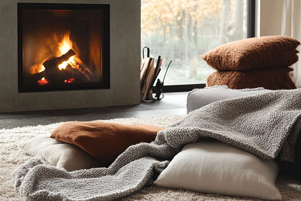 Hangulatos, őszi belső tér, előtérben egy világos szőnyegen elhelyezett párnák és egy meleg takaró, a háttérben egy modern, szürke keretes kandalló égő tűzzel, nagyméretű ablak előtt