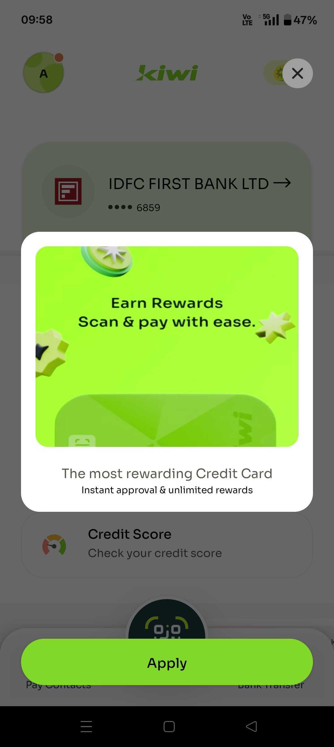 Kiwi uses Plotline's pop-up modal to nudge relevant users to apply for a credit card