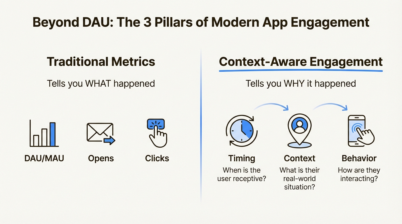 An infographic explaining the key pillars of user app engagement timing context behavior, contrasting traditional metrics with context-aware strategies.