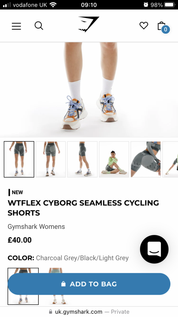 Gymshark's sticky add to cart button