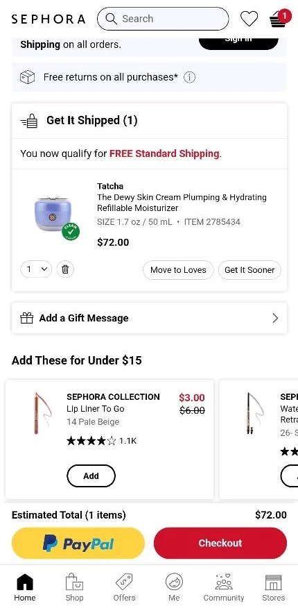Sephora allows one tap checkout with PayPal