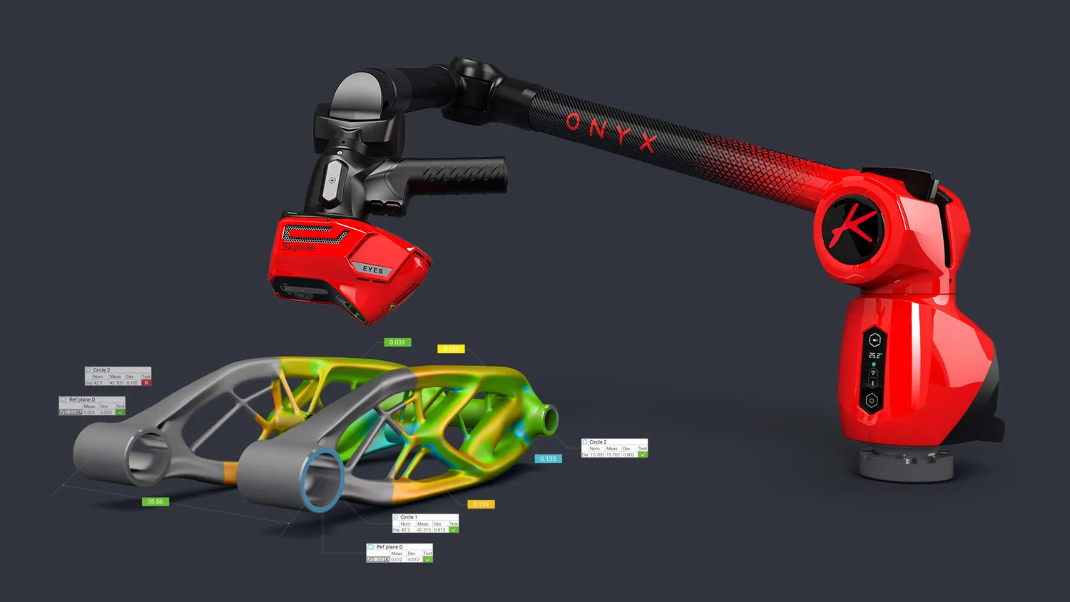 Onyx measuring arm with skyline scanner scanning a part - color mapping