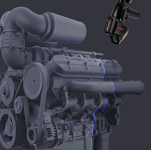 Engine being scanned by the Anemo 3D scanner with its blue laser line