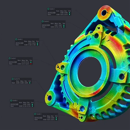 Color map inspection with dimensional results of a part scanned with Anemo