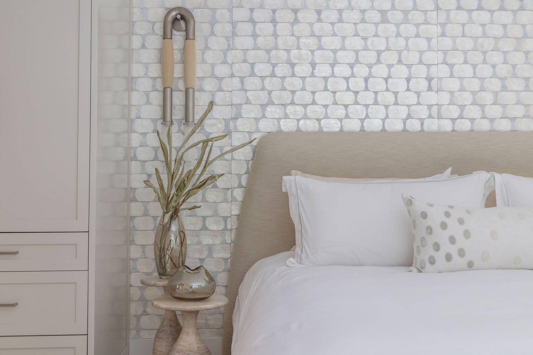 modern bedroom with patterned wallpaper