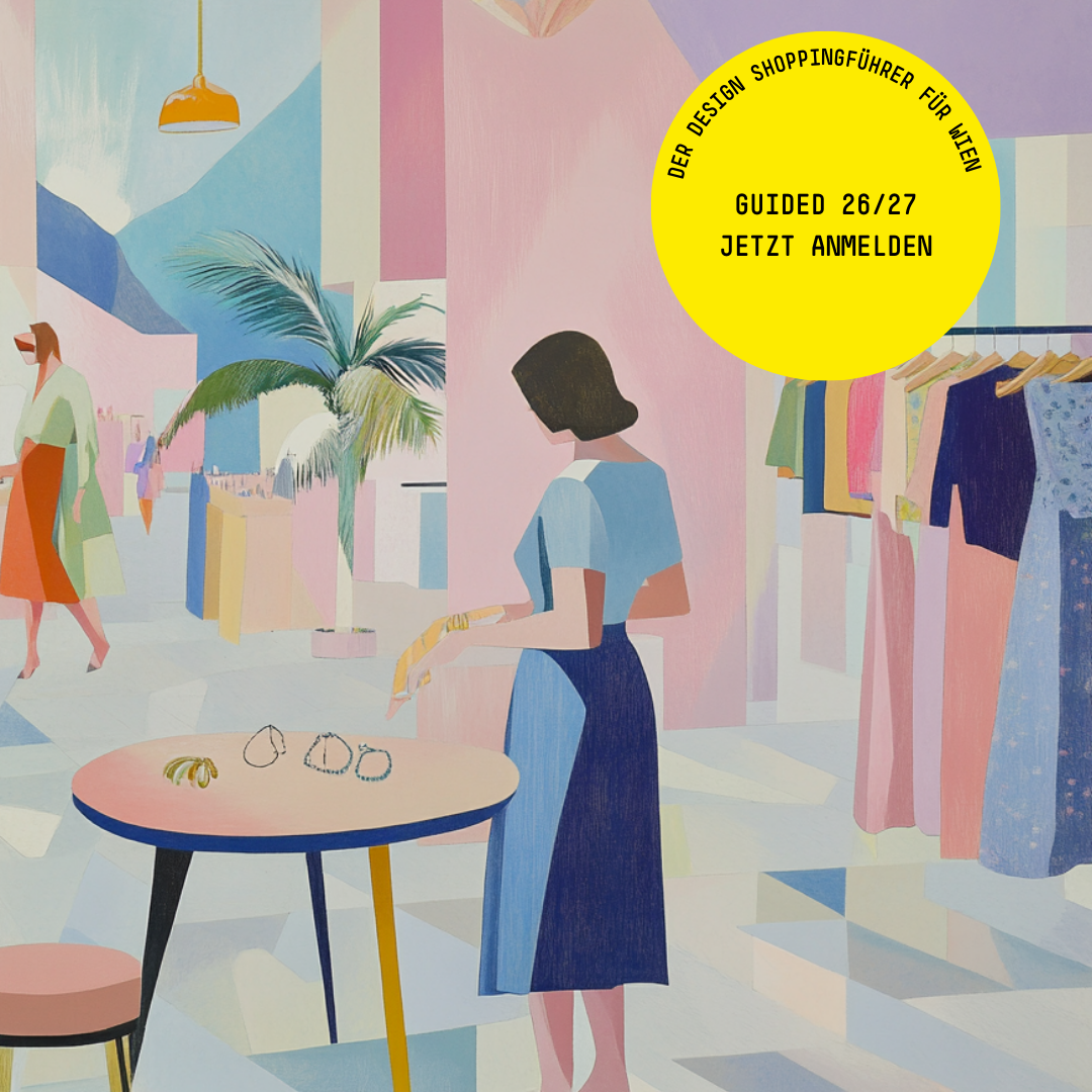 Illustration eines hellen Ladens mit Frauen, die Kleidung auswählen, bunte Kleider hängen rechts, runder Tisch mit Schmuck in der Mitte.