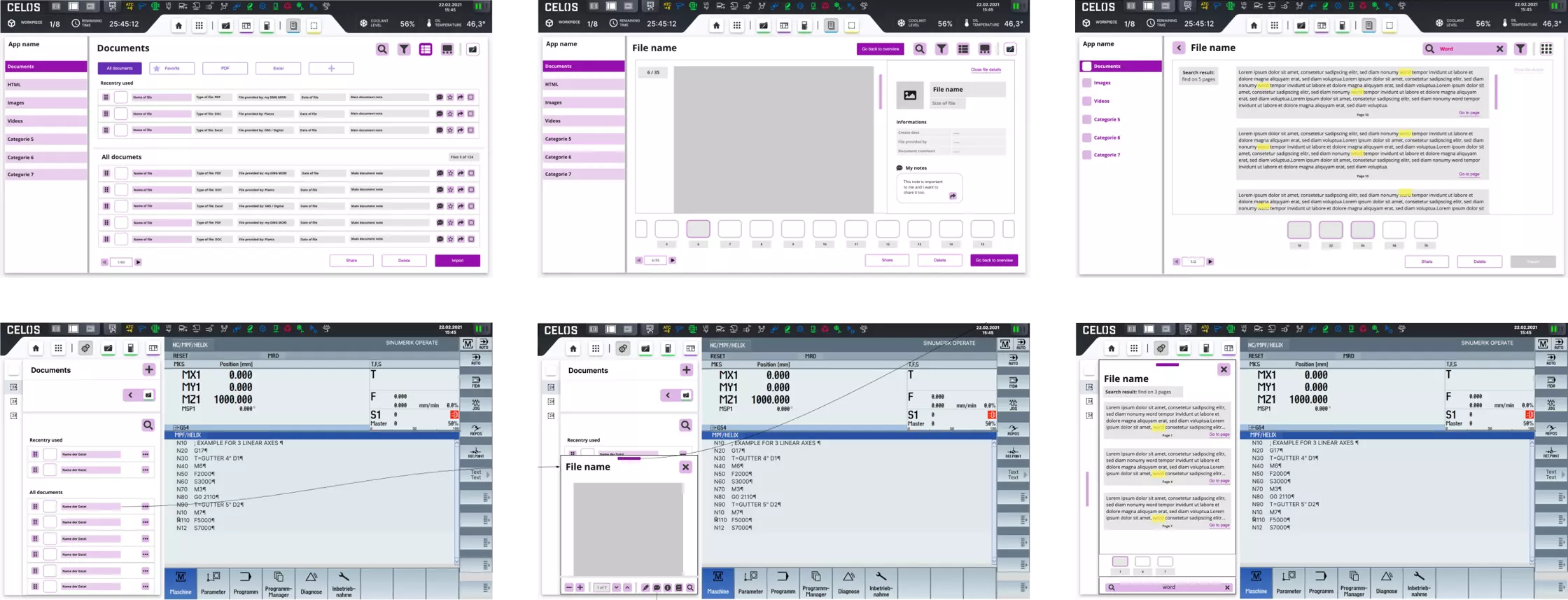 Excerpt documents app mid-fidelity wireframes of siemens full screen width 1920dp and split screen width 640dp (from top to bottom)