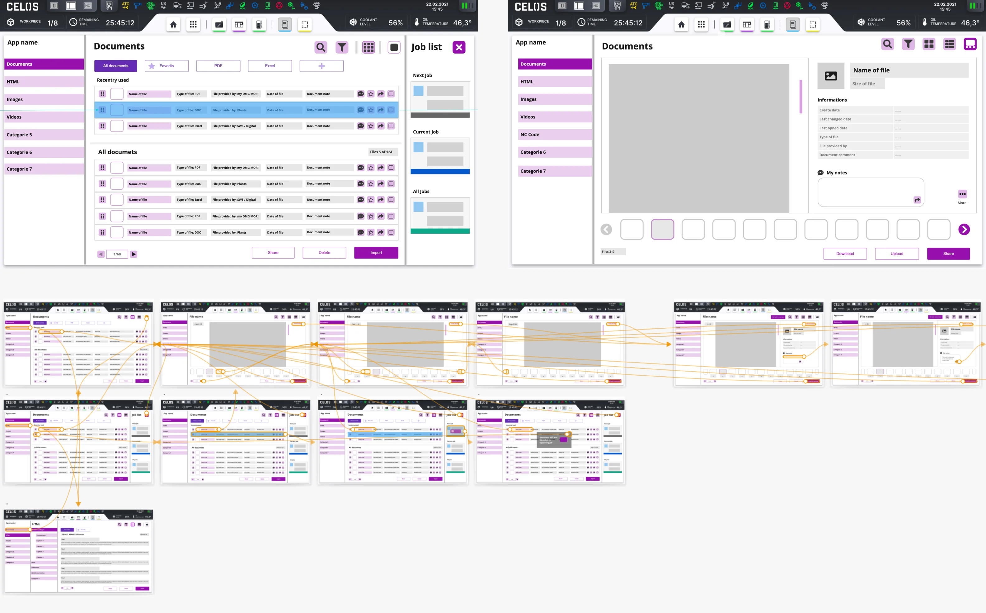 Expert mid-fidelity wireframe and wireflow of documents app
