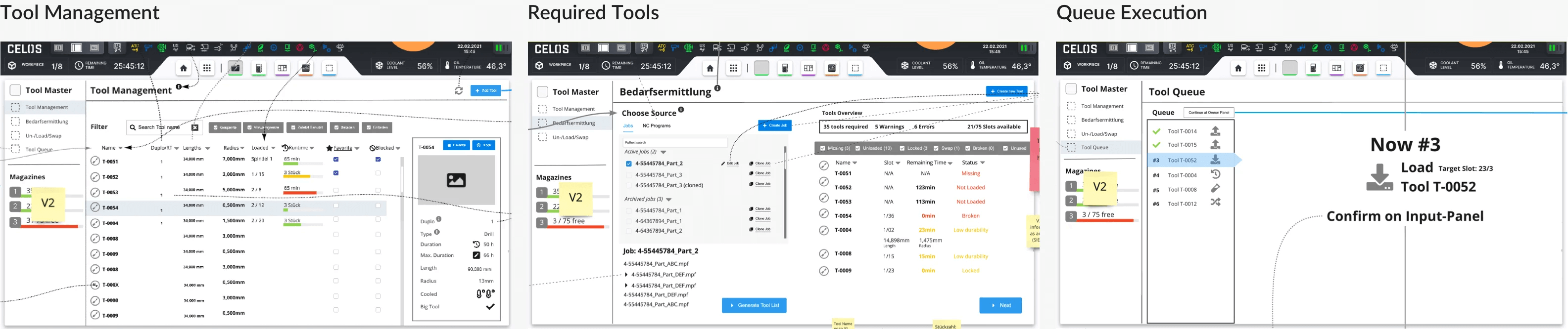 Excerpt of tool master app key mid-fidelity wireframes for three main navigation sections: tool management, required tools, queue execution
