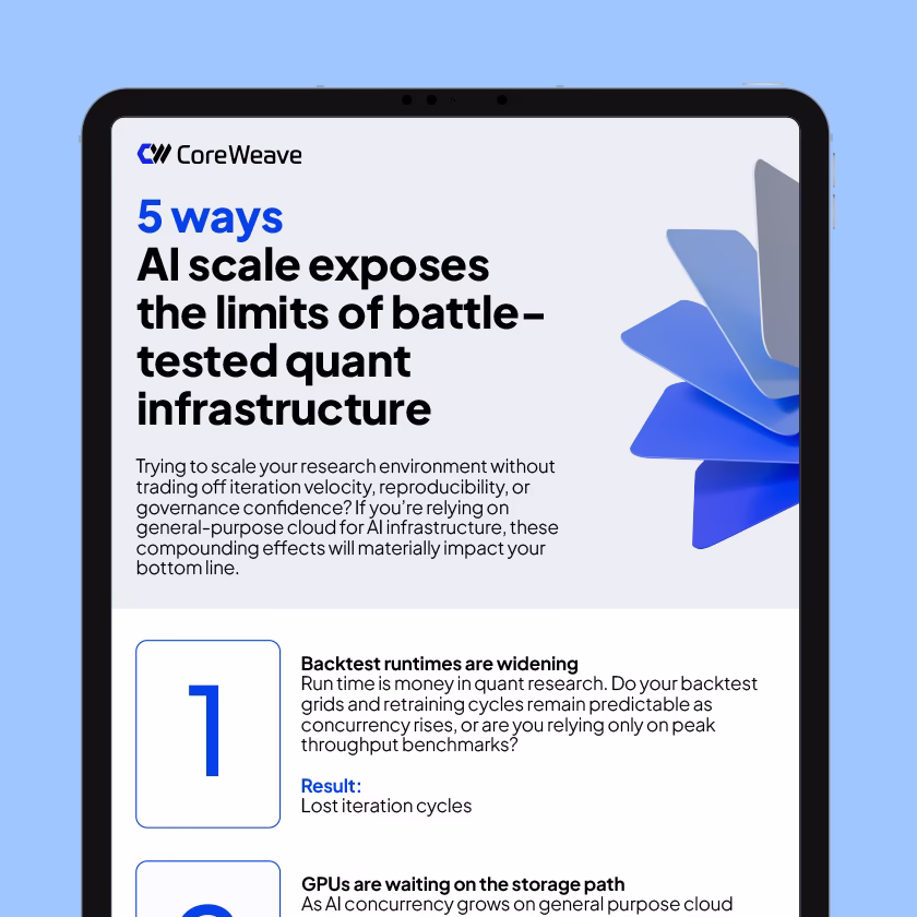 CoreWeave infographic titled “5 Ways AI Scale Exposes the Limits of Battle-Tested Quant Infrastructure,” displayed on a tablet screen with explanatory text and abstract blue geometric graphics.