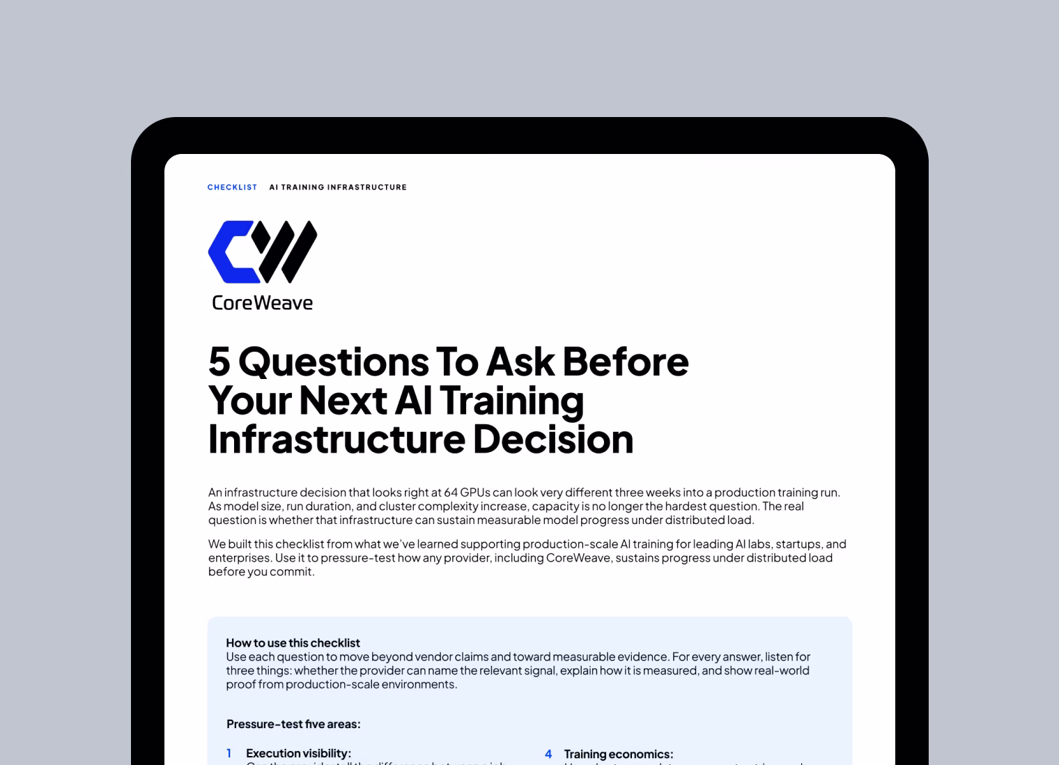 Tablet displaying a CoreWeave e-book titled “AI Training Infrastructure Evaluation Guide,” featuring the subtitle “5 Properties That Predict Whether Your Stack Will Hold at Scale” and an abstract blue geometric graphic on the cover.