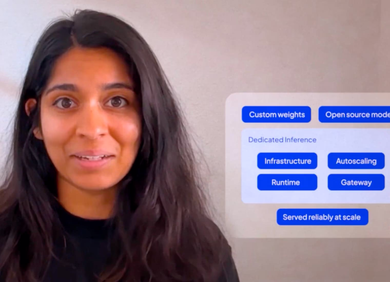 Presenter alongside a diagram explaining Dedicated Inference, including custom weights, open-source models, autoscaling, and reliable serving at scale.