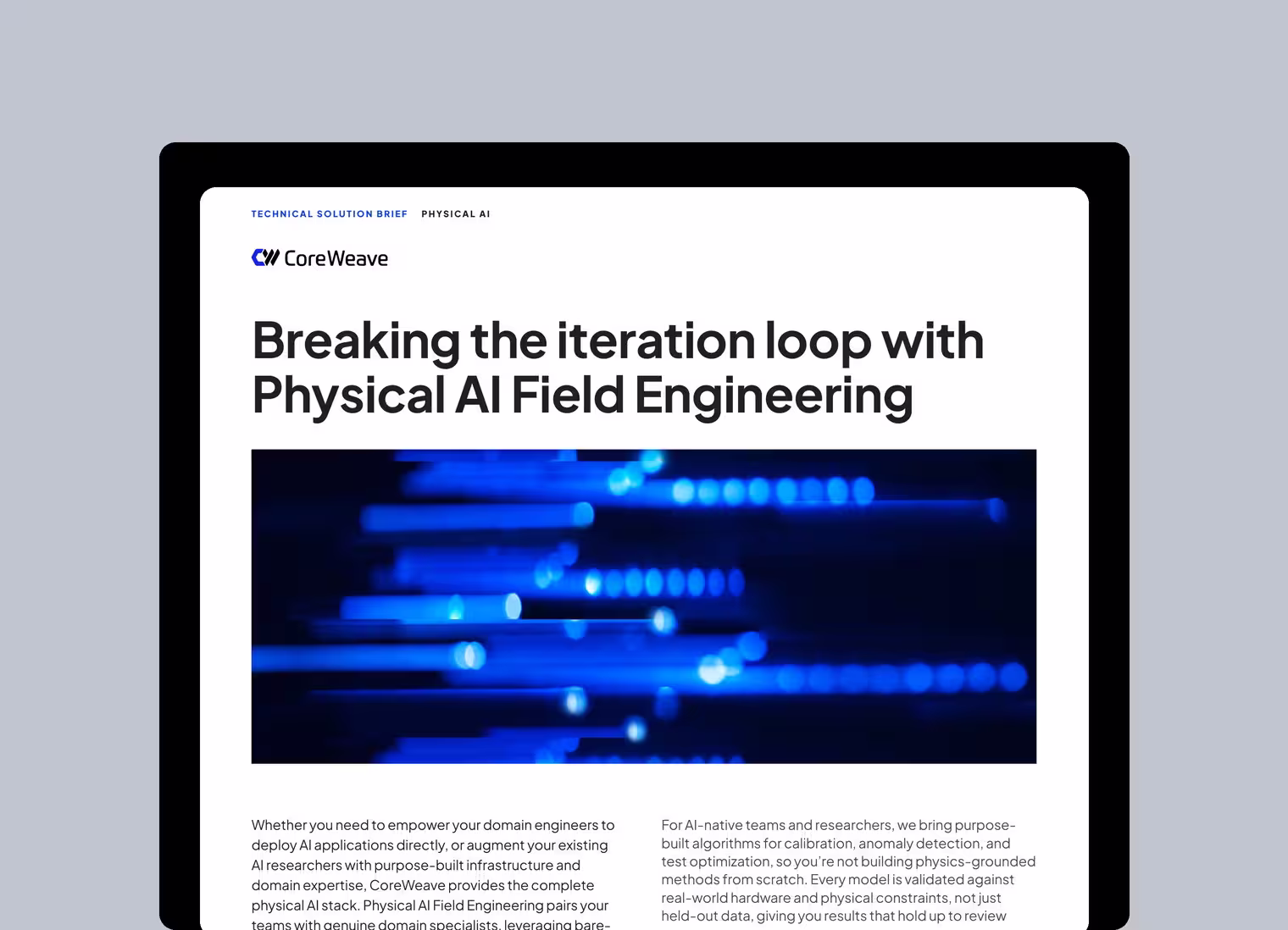 CoreWeave executive solution brief titled “Faster Answers, Better Insights: Physical AI Field Engineering.”