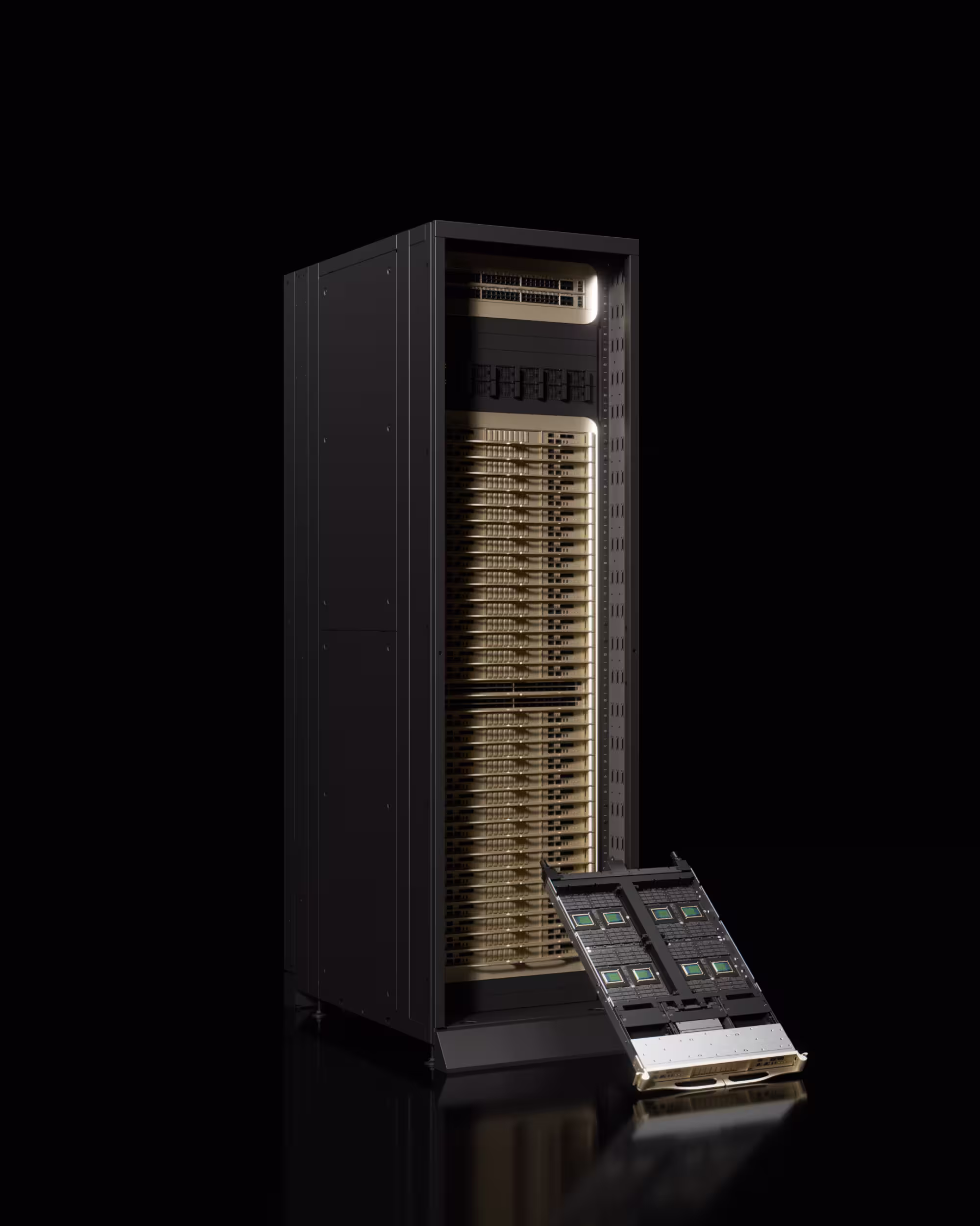 NVIDIA Vera Rubin NVL72 rack with a compute tray displayed in front against a black background.