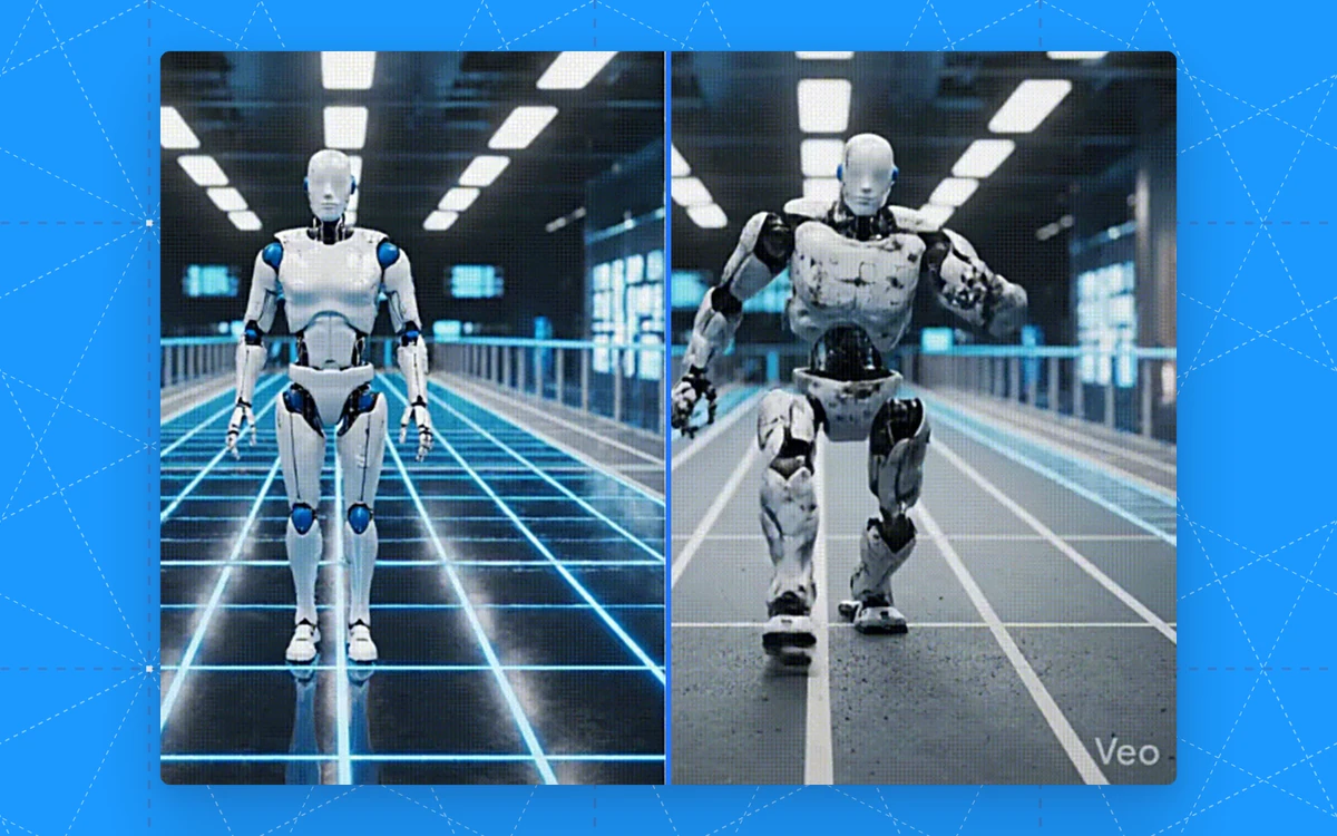 Two side-by-side frames of a humanoid robot walking down a lit corridor, one clean and one weathered.
