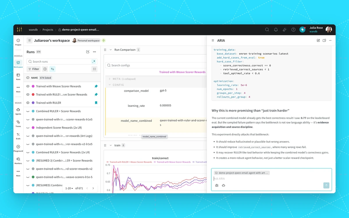Weights & Biases workspace comparing reinforcement learning runs, with ARIA analyzing training configuration, failure patterns, and model performance.