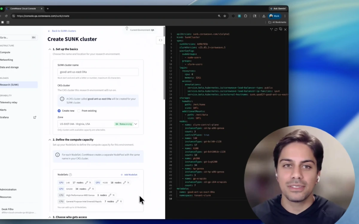 CoreWeave Cloud Console showing the Create SUNK cluster setup form beside its generated configuration code, with a presenter in a circular video overlay.