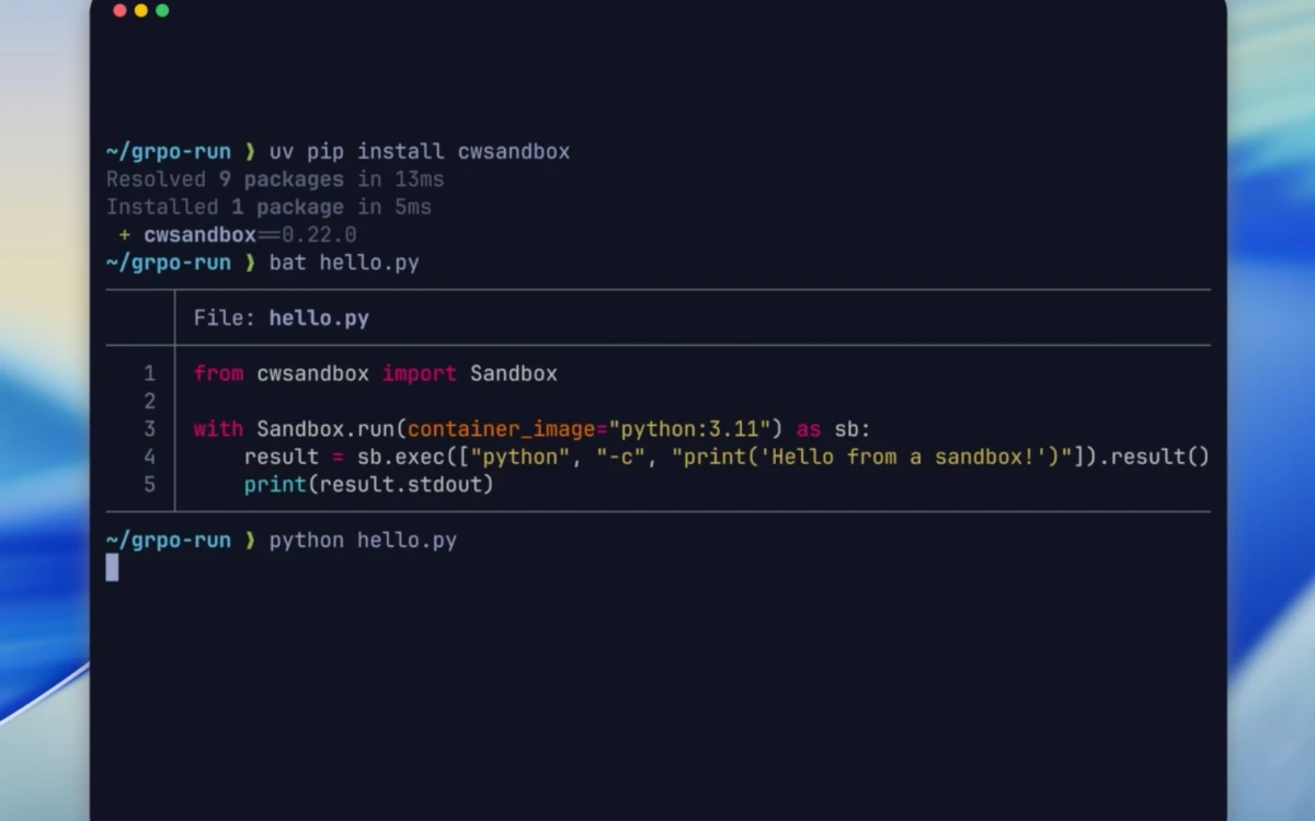 Dark-themed terminal window showing Python code that installs and runs the CoreWeave Sandbox package, with a sample script executing a containerized “Hello from a sandbox!” command.