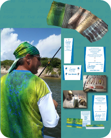 background image shows deliverables from a completed brand development project for a fishing gear and apparel company.