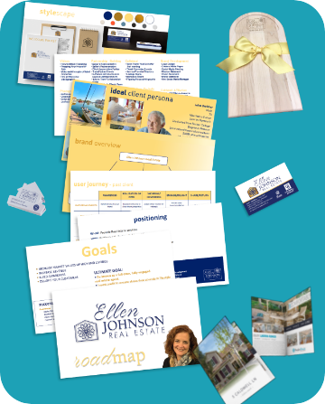 background image shows pages from an implementation roadmap and deliverables of a completed brand strategy project for a real estate agent.