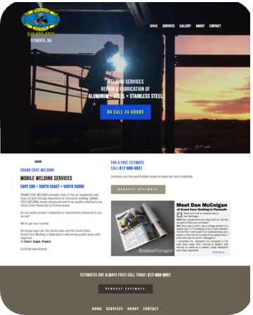 background image shows home page of web design project completed for a marine welding company.
