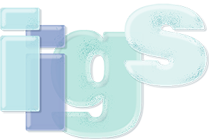 The image shows the letters i-i-g-s multi-colored seaglass initials of brand name IMAGE ination Graphic Solutions hand-drawn by our artist.