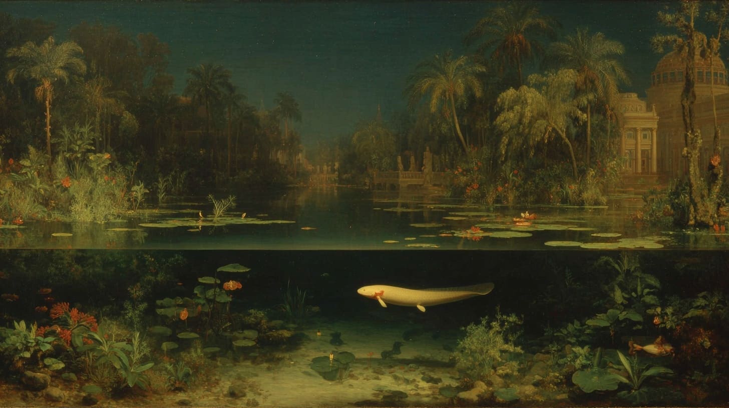 Escena de un ecosistema acuático con ajolote bajo el agua, metáfora de comunicación del conocimiento y madurez creativa.