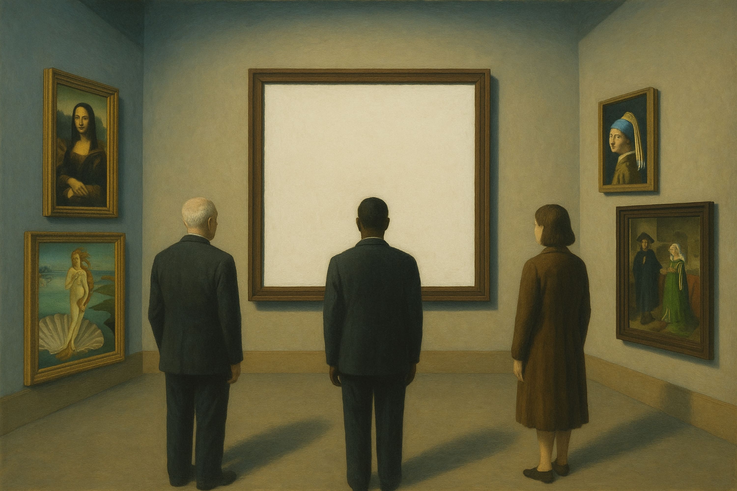 Personas mirando un cuadro blanco en un museo; metáfora de lo no dicho en la comunicación del conocimiento.